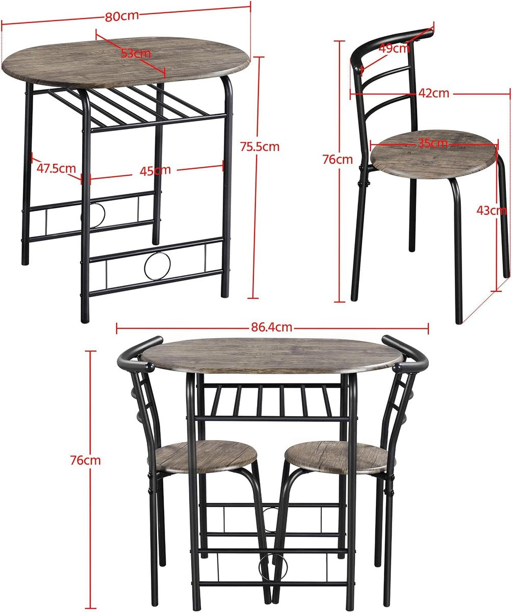 3-delige eetgroep, keukentafelset, eettafel met 2 stoelen, keuken, houten tafel, balkontafel, ruimtebesparend, bruin.