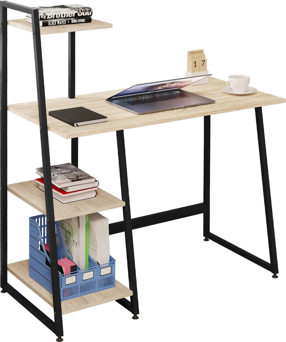 RM Store® - Computerbureau - Computertafel - Computermeubel - Werktafel - Kantoortafel - Werkbureau - 4 planken - Industrieel - Stalen frame - Hout - Zwart - 98x118x50 cm.