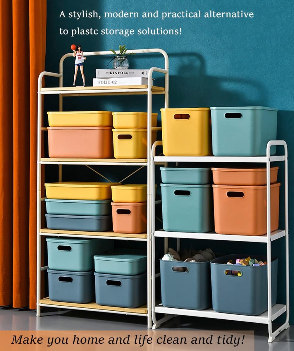 Plastic Opbergbakken met Deksel, Stapelbare Opbergbakken voor Organisatie, Opbergmanden voor Planken, Keuken, Badkamer, Speelkamer, Klaslokaal, Kantoor (Klein - 4 Stuks)