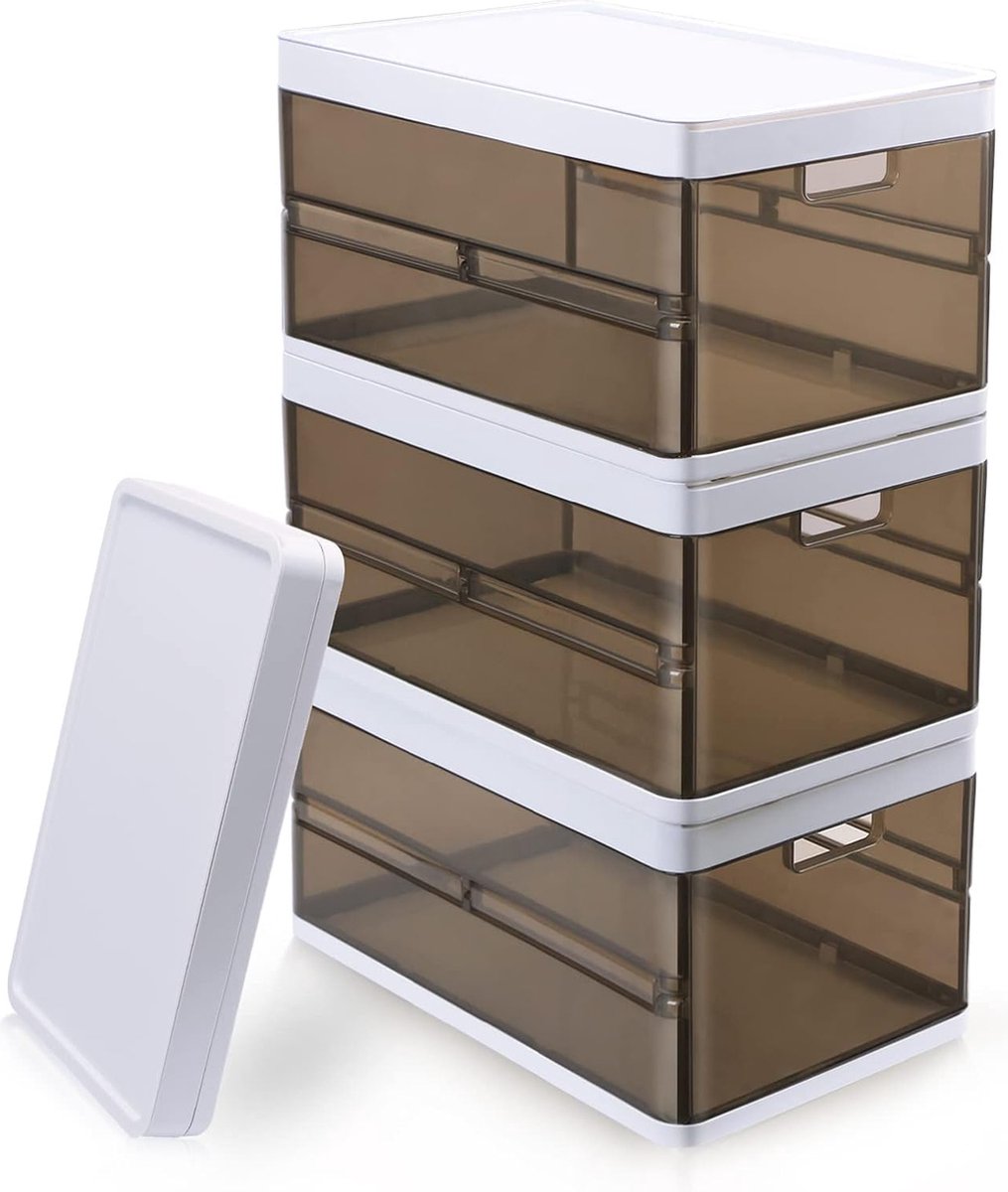 Set van 3 opvouwbare garderobekasten met 1 deksel, stapelbare kledingopbergbox met handvat, opvouwbare lade-opbergdozen voor jeans, broeken, overhemden, T-shirts