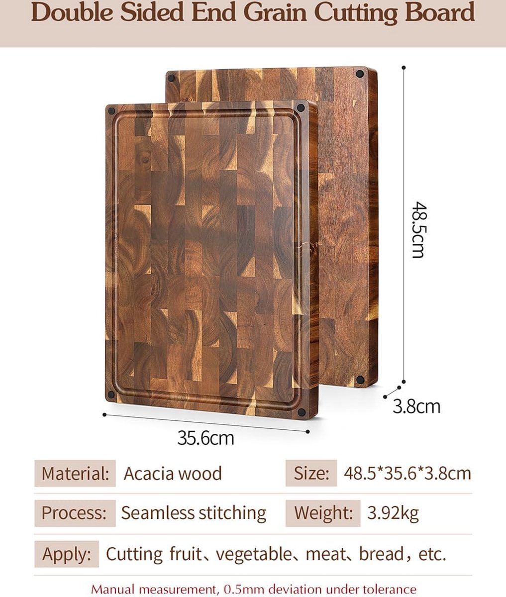 Large Thick Cutting Board by Hersenhout, Acacia Wood (48.5 x 35.6 x 3.8 cm), Usable on Both Sides, Wooden Board, Chopping Board, Kitchen, Cutting Board with Non-Slip Feet, Integrated Handles and