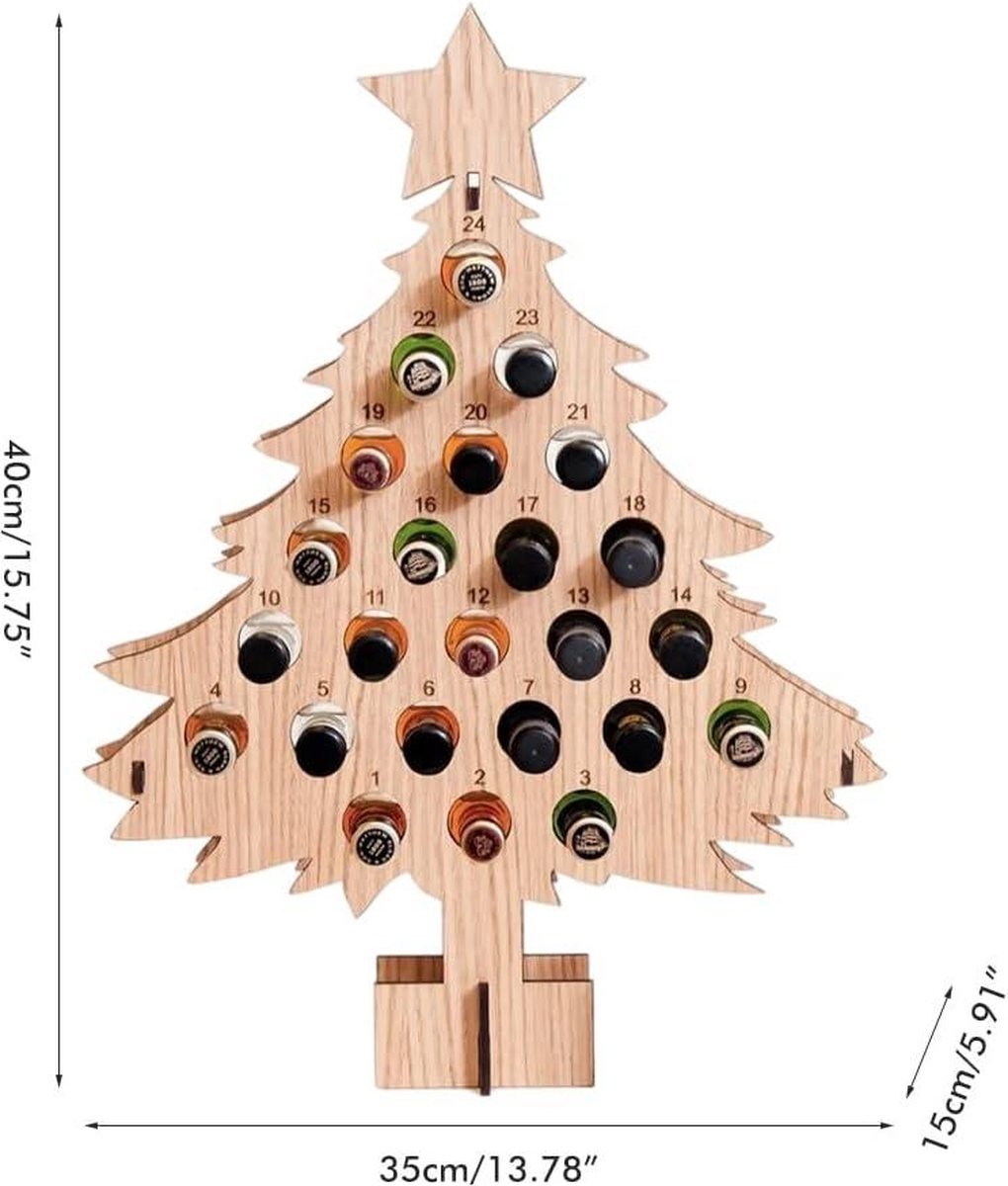 Stackable Wine Rack Advent Calendar 24 Wooden Christmas Tree Wine Holder - Christmas Wine Standing Organizer - Storage Shelf - Countertop Organizer
