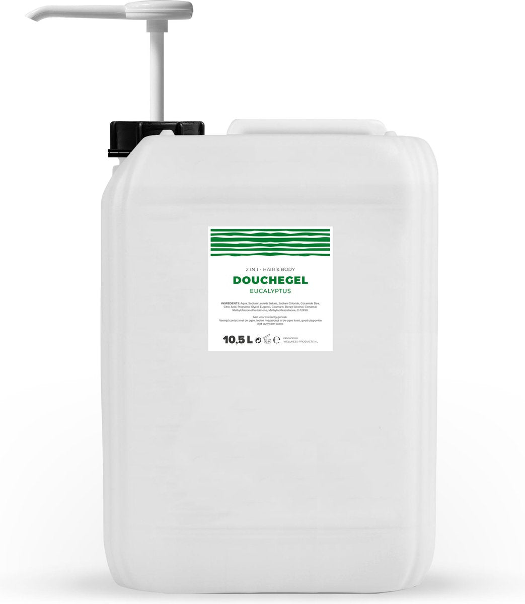 Douchegel - Eucalyptus - Lichtgroen/Transparant - 10,5 Liter - Met Pomp - Jerrycan - Navulling - Navullen - Mannen - Heren - Dames - Vrouw - Douchegel - Shampoo - Jerrycans - Voordeelverpakking - Gel douche - Douchegel Q1
