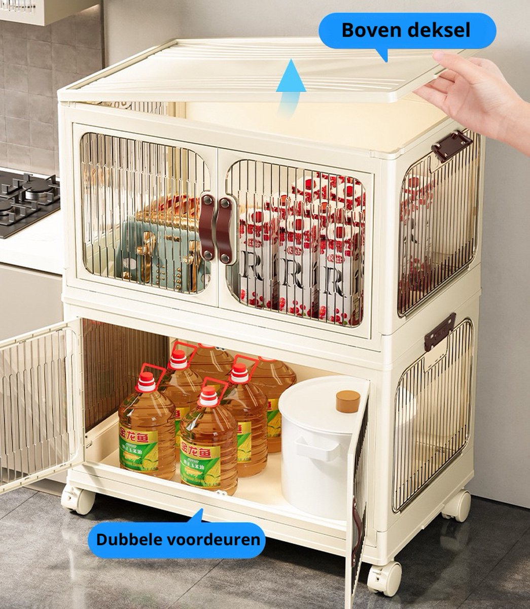 Opbergkast - Opvouwbaar - Opbergkasten met deuren - Met wielen - Opbergdozen - Opbergbox - Breedte 63cm - 2 lagen - Opbergen - Organizer - Opruimen - Keuken - Badkamer - Woonkamer - Slaapkamer