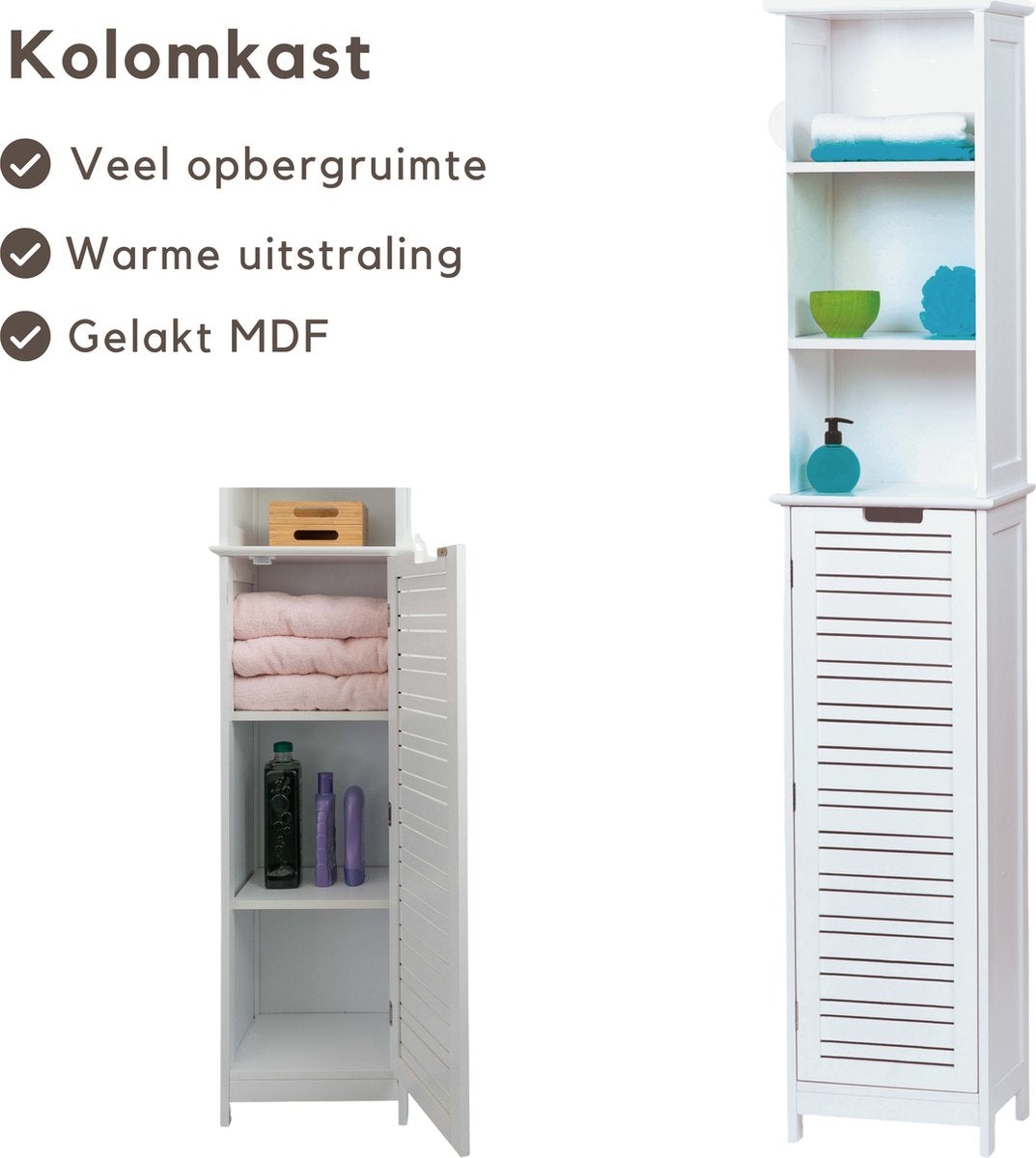 Badkamerkast - Hoge badkamerkasten - Kolomkast badkamer - Badkamermeubel - Wit - 173 x 26 x 35 cm