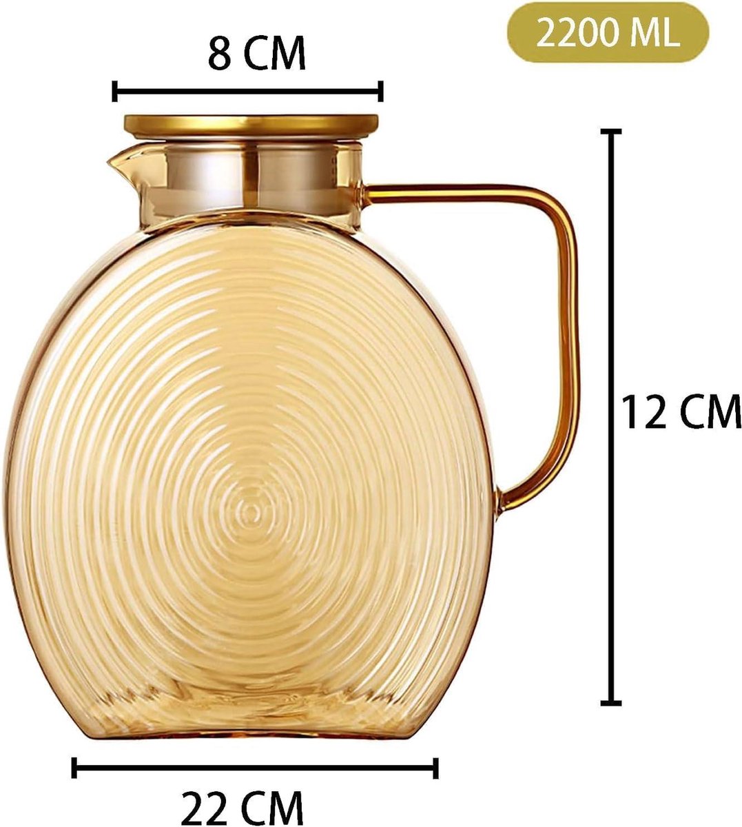 Waterkaraf - Waterkan 2,2 liter roestvrijstalen deksel druppelvrije glazen kan hittebestendig explosiebestendig amberkleurig glas waterkan koelkastbestendig