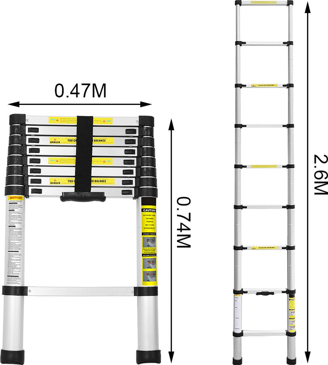 Telescopische Opvouwbare Ladder - Telescopische Ladders - Soft Close - Werkhoogte 2,6 m - zilverkleurig