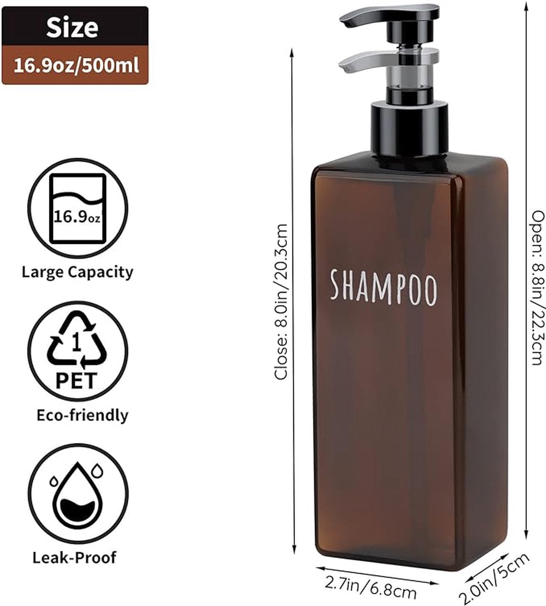 A Luxe Soap Lotion Dispenser Square, 3 pieces, 500 ml, brown, soap dispenser, set with labels for shampoo, conditioner, body soap, refillable plastic pump bottles for bathroom, high capacity