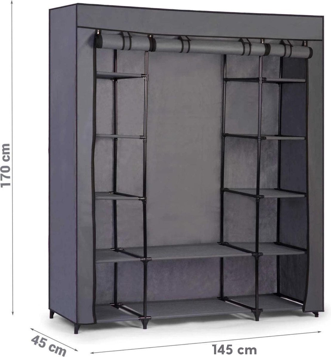 Double Canvas Wardrobe - Foldable Wardrobe - With Clothes Hanging Rail and storage shelves - Fabric Hanging Wardrobe & Shelving Unit - Wardrobe - Dimensions 170 x 135 x 45 cm