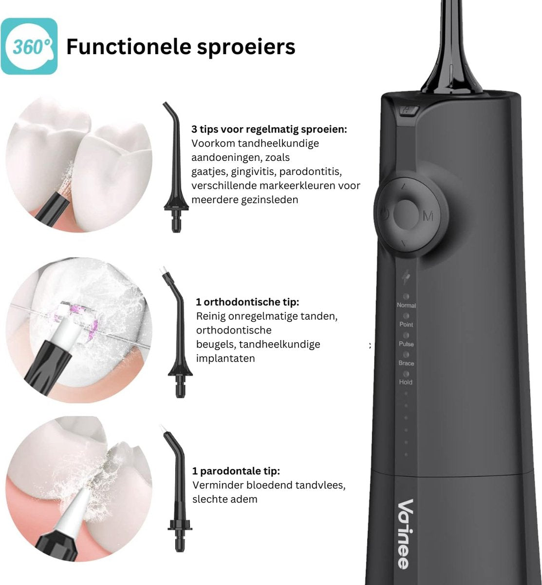 Waterflosser - Tandreiniger - 300ML - 75dB - IPX7 - 5 Mondstukken - USB Oplaadbaar Elektrische Monddouche - Flosapparaten - Lange Batterijduur - Draadloze Waterflosser - Zwart