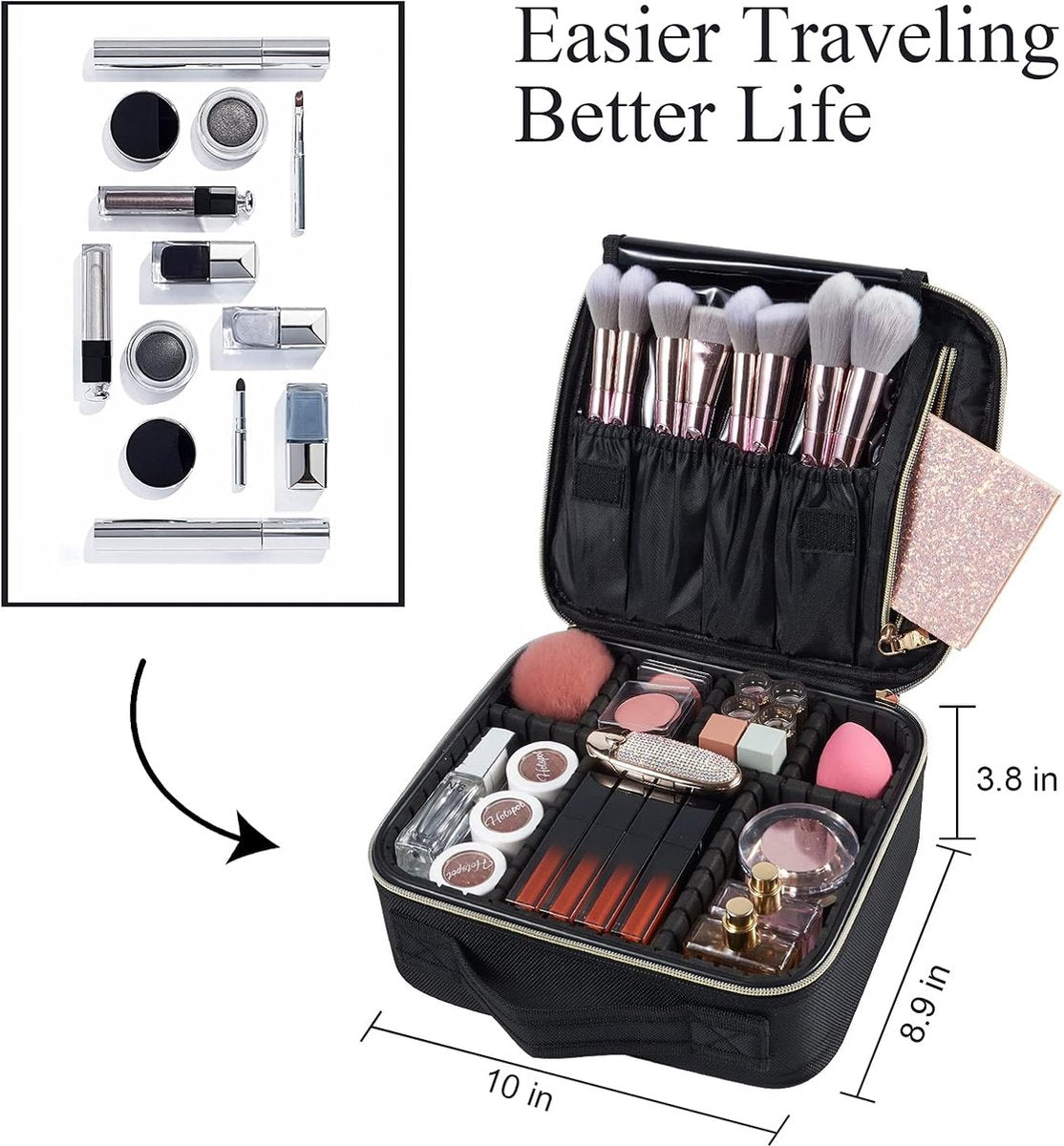 Make-uptas, make-uptas, reisorganizer, make-uptas met handvat en verstelbare verdelers, zwart