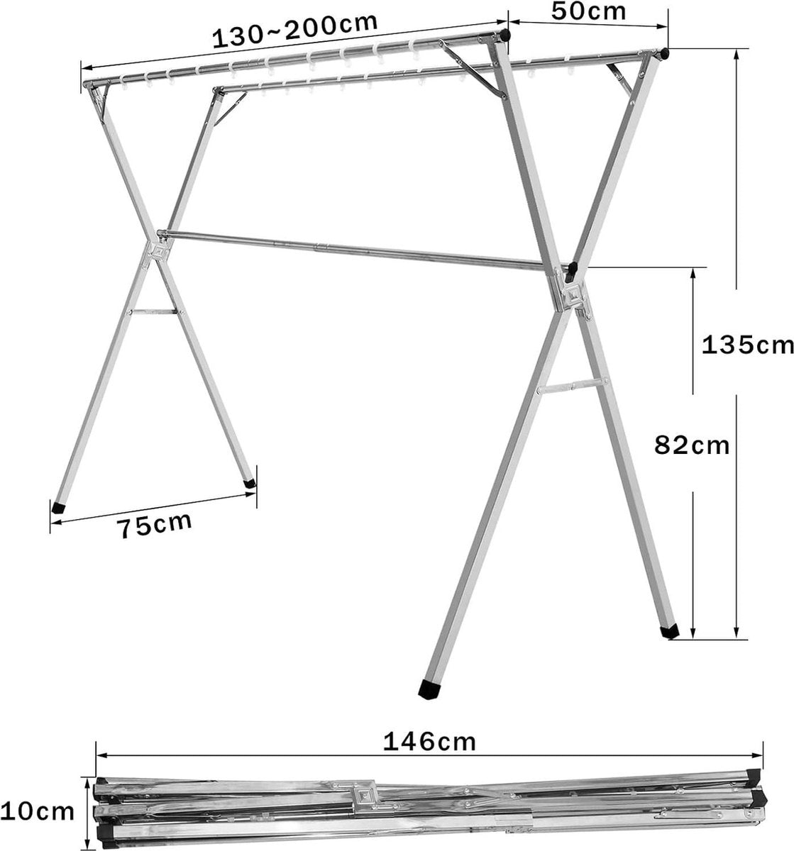 Inklapbaar staand droogrek - 130-200 cm uitschuifbaar - 20 winddichte PP-haken - ruimtebesparend - roestvrij staal zilver.