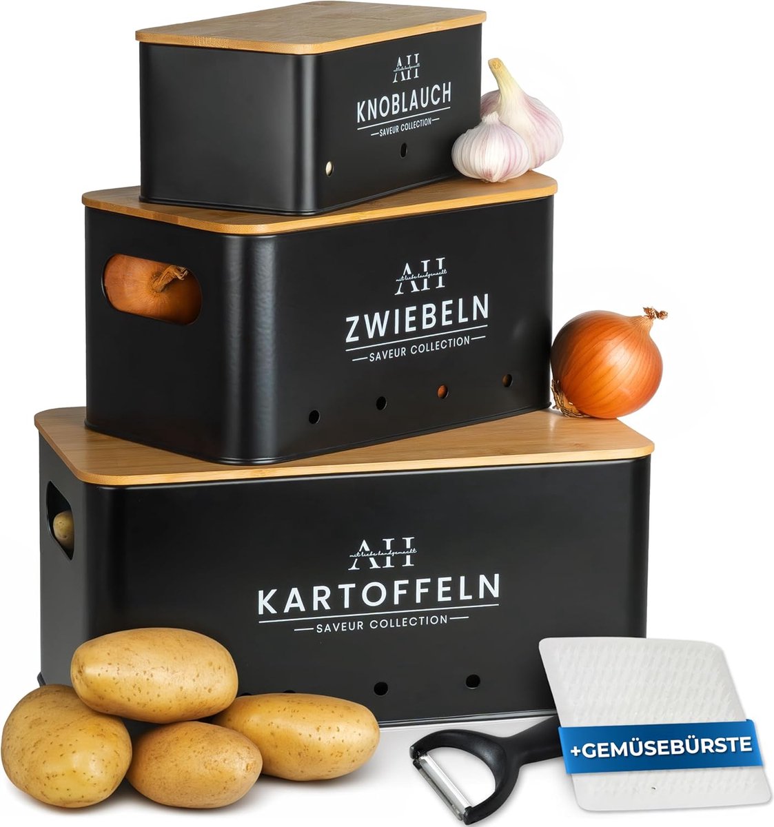 Multifunctional Vegetable Storage Box Set with Potato Bin, Onion Pot, Brush & Peeler - 5-Piece