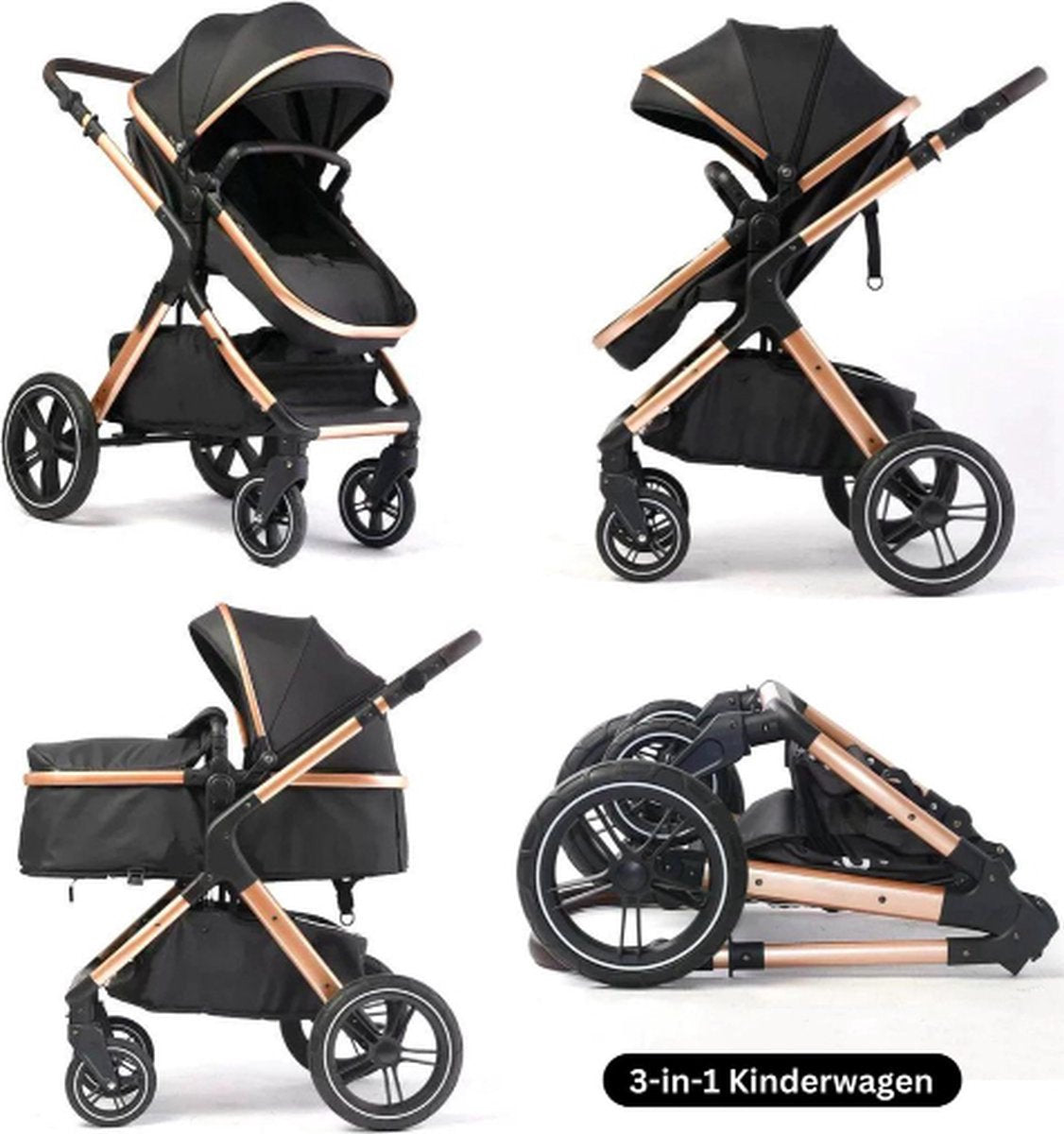 Luxe 3-in-1 Kinderwagen - Wandelwagen - Autostoeltje - Buggy - Opvouwbaar - Zwart/Goud - 0-36 Maanden