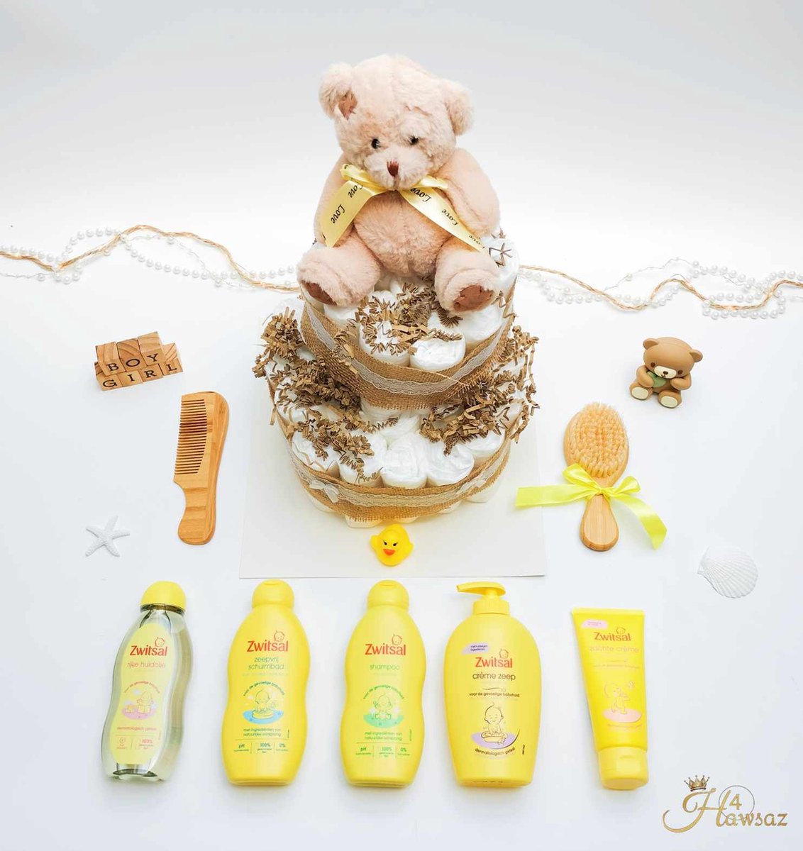 Genderneutrale luiertaart 45 stuks - kraamcadeau - Hawsaz.nl Cadeau - Originele Babycadeaus - 36 luiers - Babycadeau - Babygeschenkset - Knuffel - Babyshower - Gepersonaliseerde cadeaus - Zwitsal - Babyverzorging
