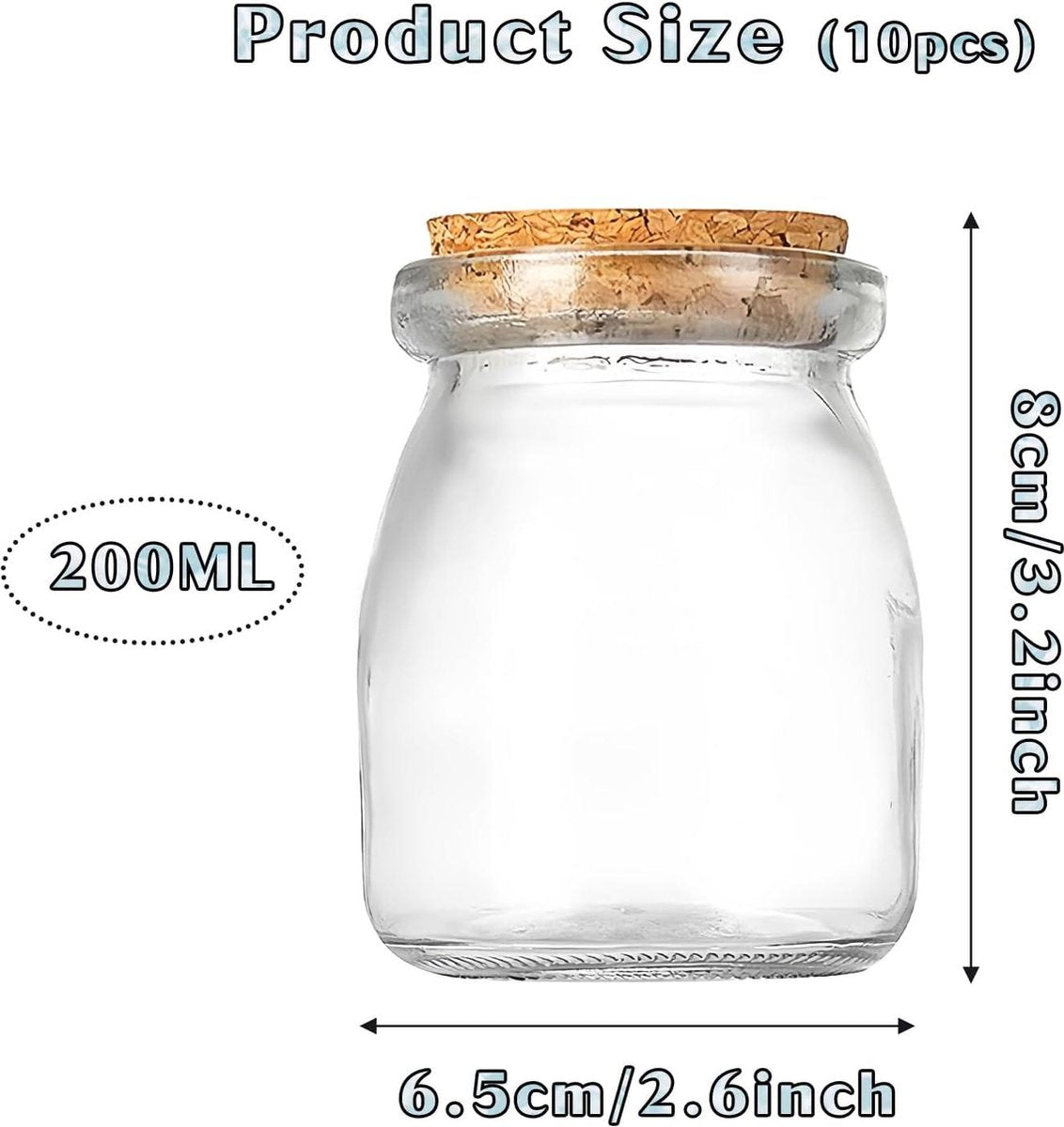 Glass bottles with cork - 10 pieces - 200 ml - small canning jars - jam jars - spice jars - round glass jar - milk glass bottles - pudding jars - storage jars for kitchen - party jam jars with lid