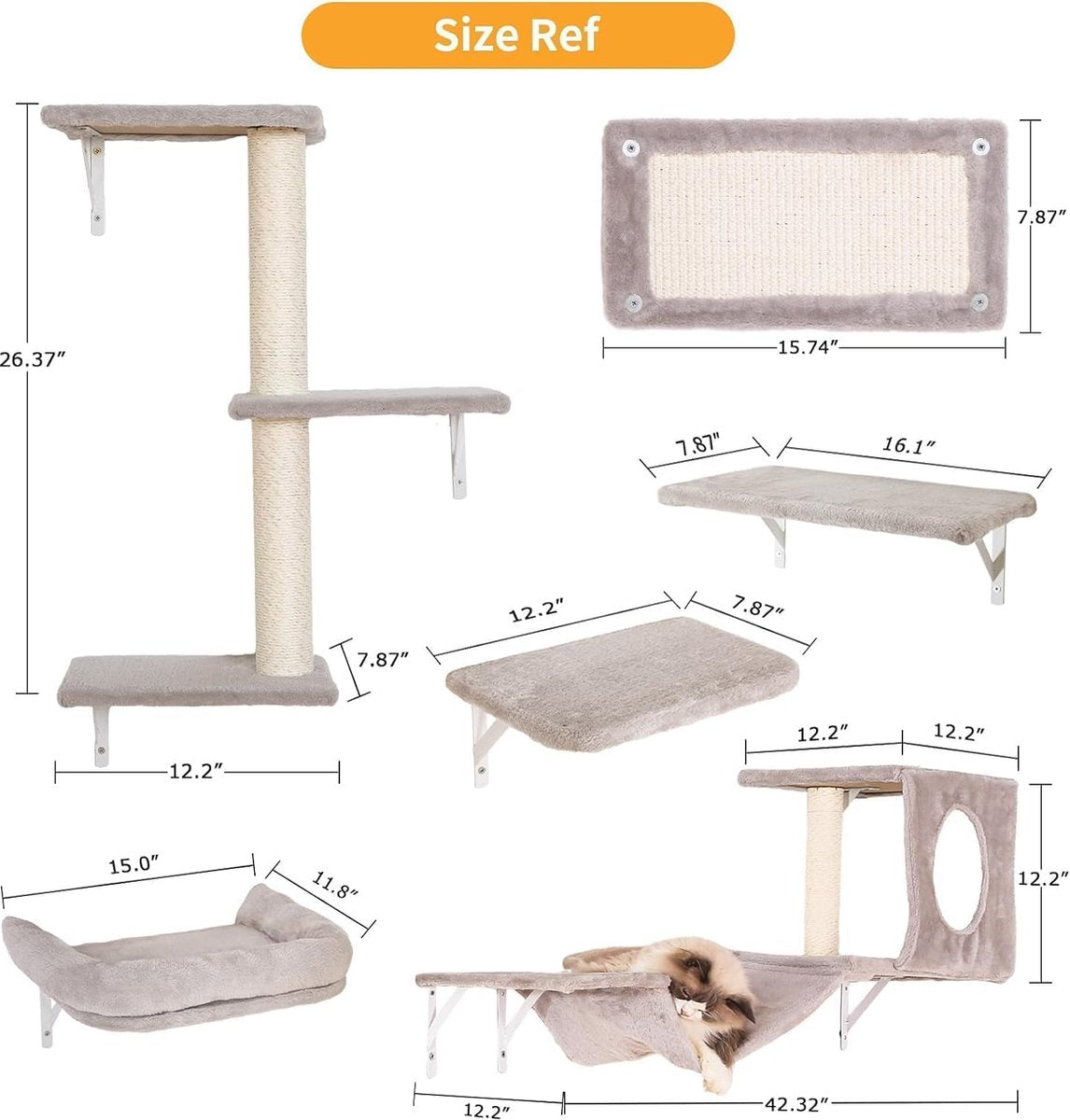 Kattenset - 6-delige kattenwandplanken, stabiele houten klimmer voor katten, wandpark met kattenhuis, kattenbrug, kattenboom, kattentrap en krabplank voor katten tot 10 kg