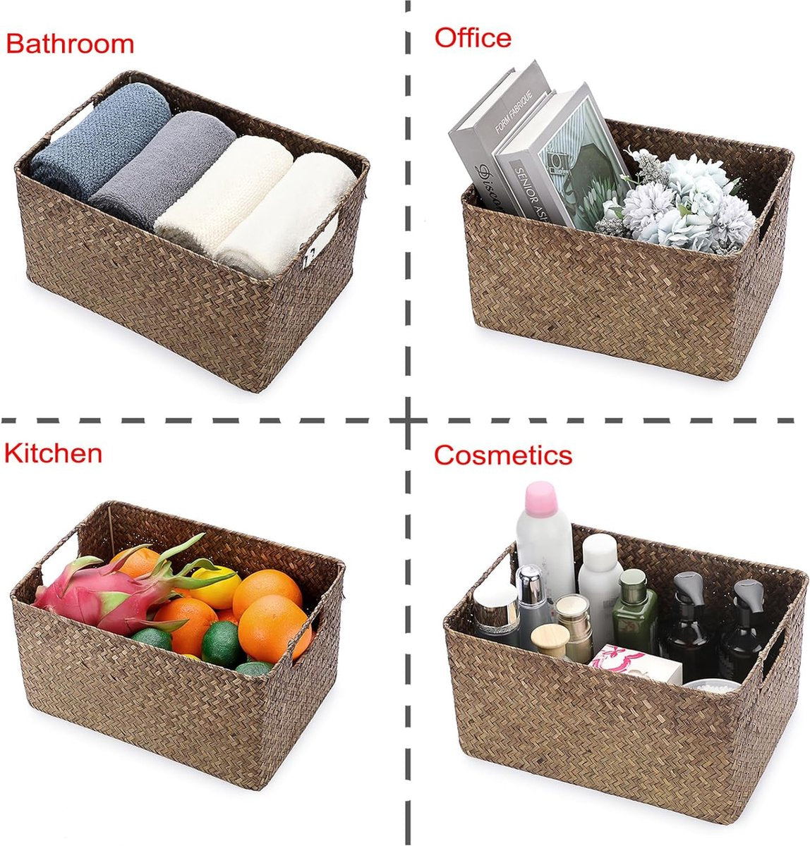 Seagrass Storage Basket Open Basket Living Room Decorative Basket Woven Wicker Fabric Basket Desk Basket Rectangular Bathroom Storage Basket Box, Shelves & Desks