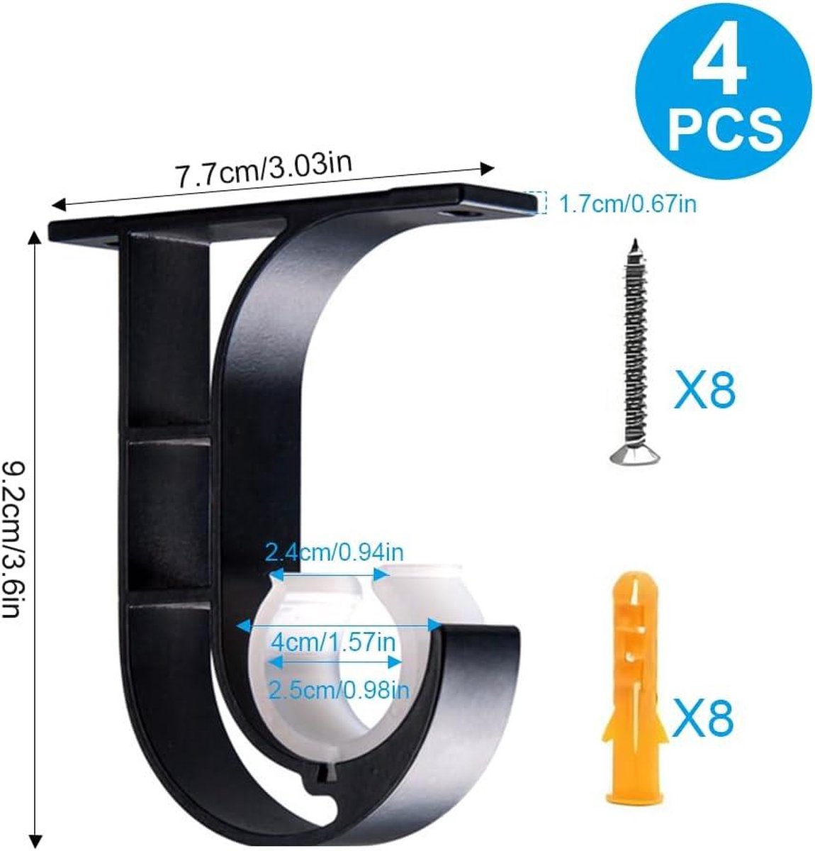 Adjustable black curtain rod holders - set of 4 - aluminum alloy with screws