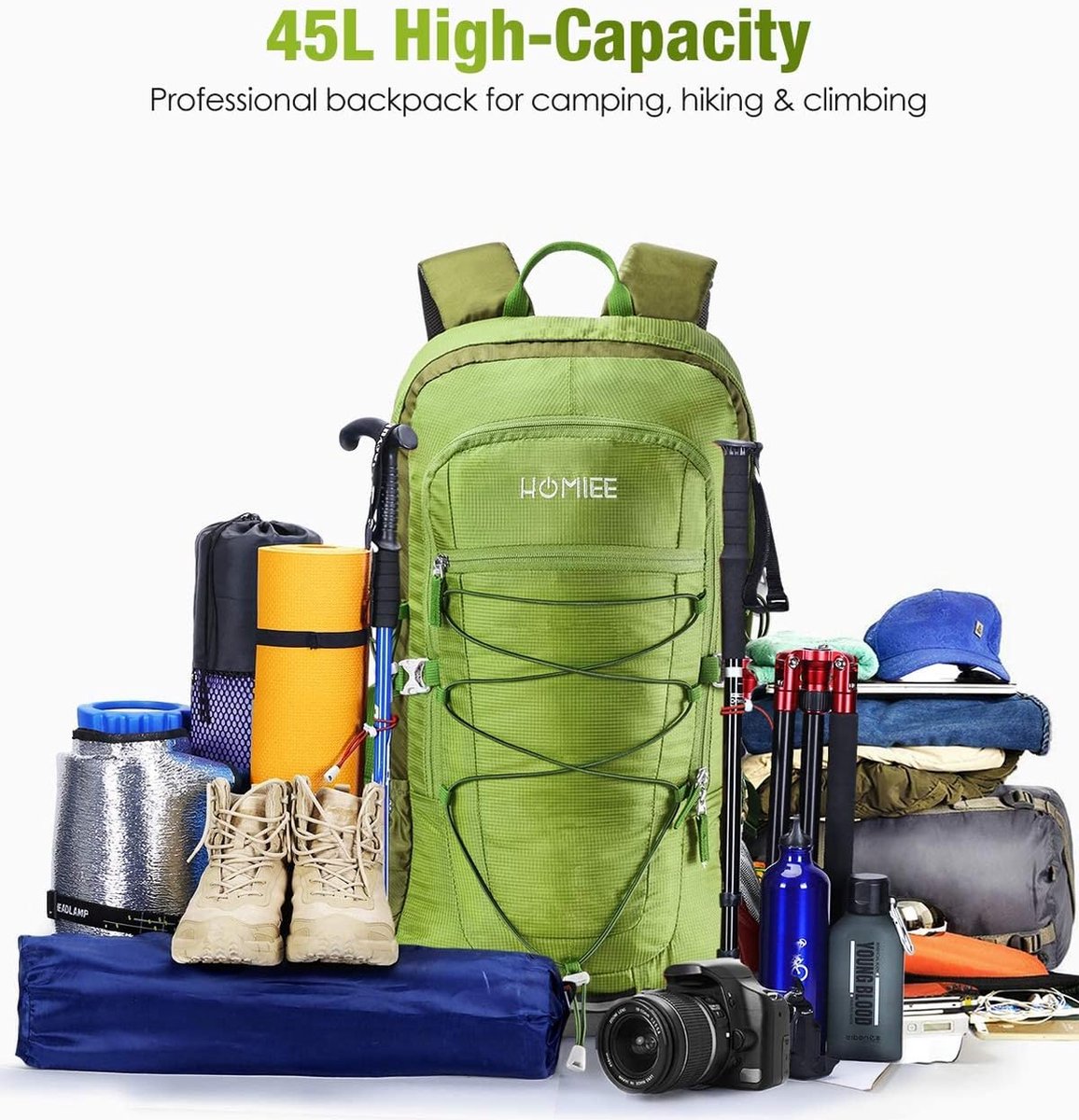 Hiking backpack, 45 litres, waterproof backpack for men and women, trekking backpack, travel backpack, outdoor backpack with reflective strips, for hiking, cycling, climbing, mountaineering and travelling