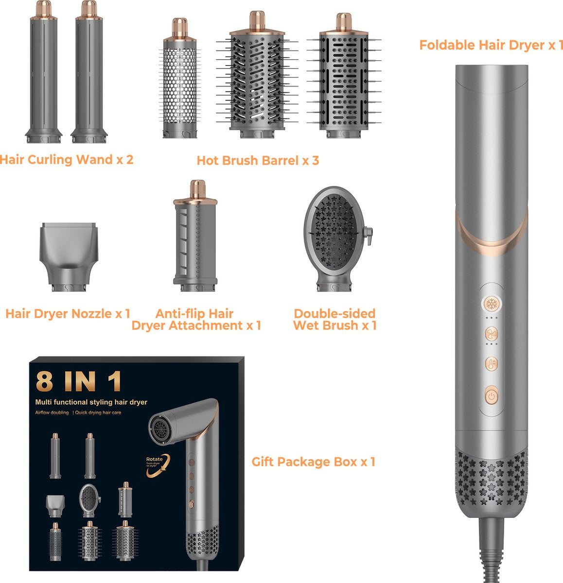 Airstyler 8-in-1 krultang - Föhnborstel - Krulborstel - Hete luchtborstel - Haarstyler - Multistyler - Kort en lang haar - Hairwrap