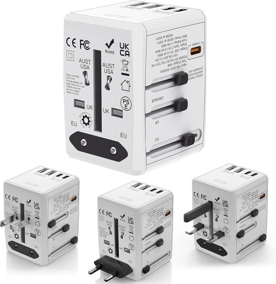 SAFEMORE PD 45 W snellaad-reisadapter - USB C - 5 poorten - AC-stopcontact - wereldwijd gebruik - wit
