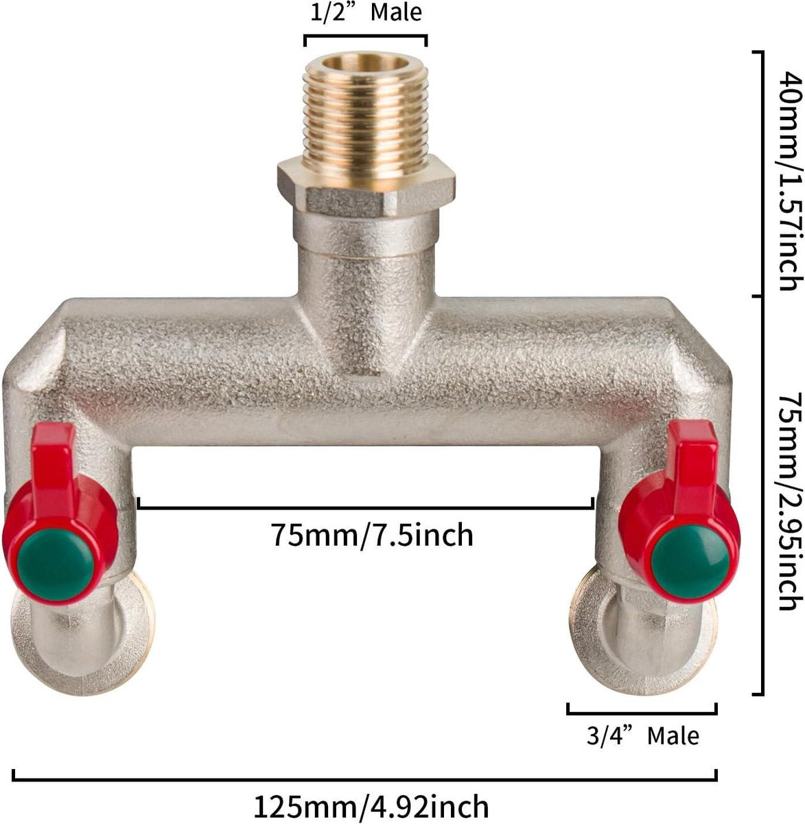 Double tap T-distributor 1/2 inch for garden and and washing machine - with 2 3/4 inch BSP garden hose tap connection Outside tap