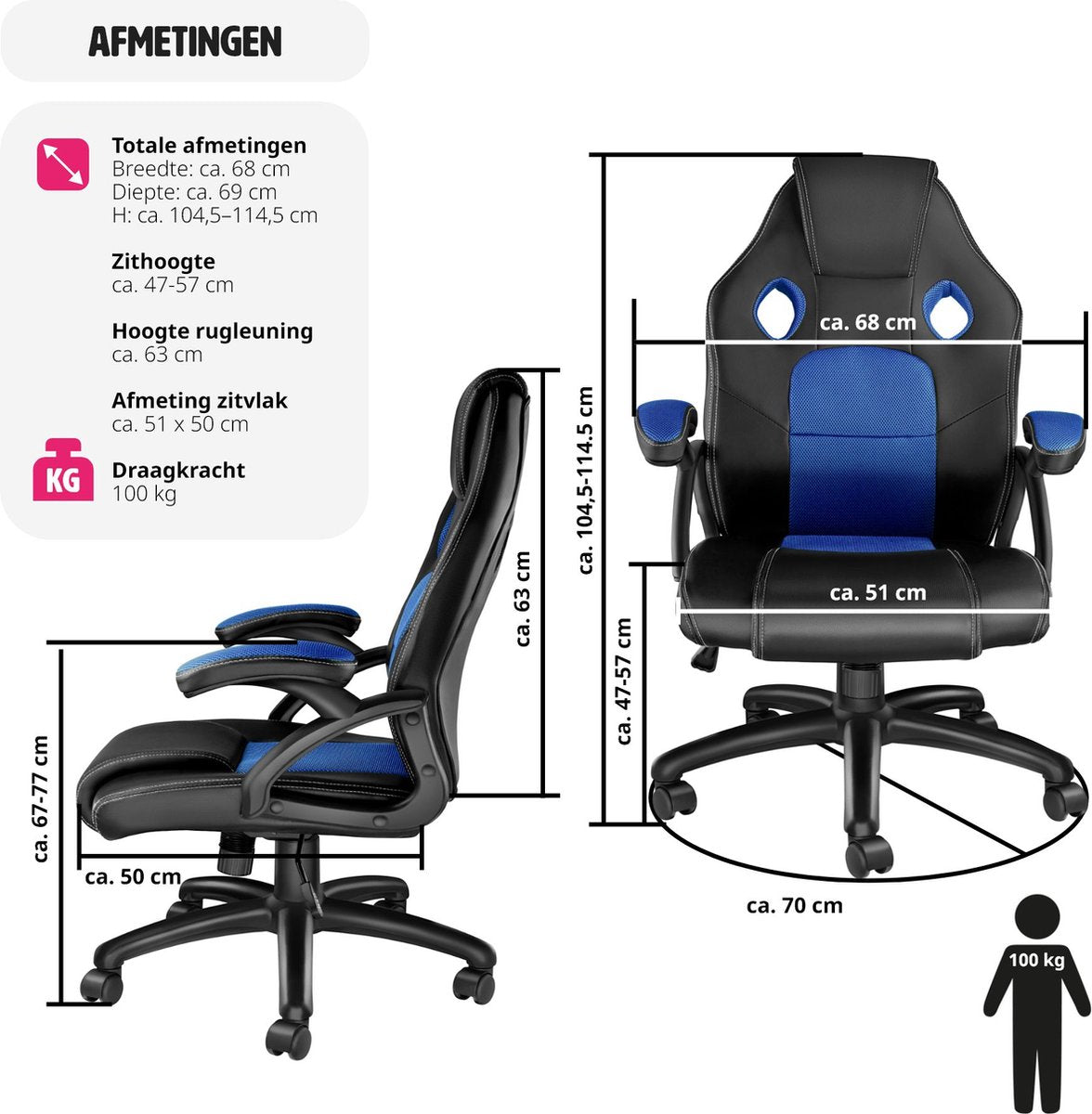tectake® Bureaustoel Racing - Gamingstoel met Kantelfunctie, Directiestoel, Draaistoel met Wielen - In Hoogte Verstelbare Ergonomische Bureaustoel - PC-Stoel - Zwart/Blauw