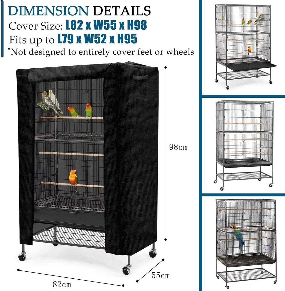 Vogelkooihoes schaduw ademend 420D Oxford-doek slijtvast duurzaam grote vogelkooibescherming 's nachts (82 x 55 x 98 cm) Vogelnestkast