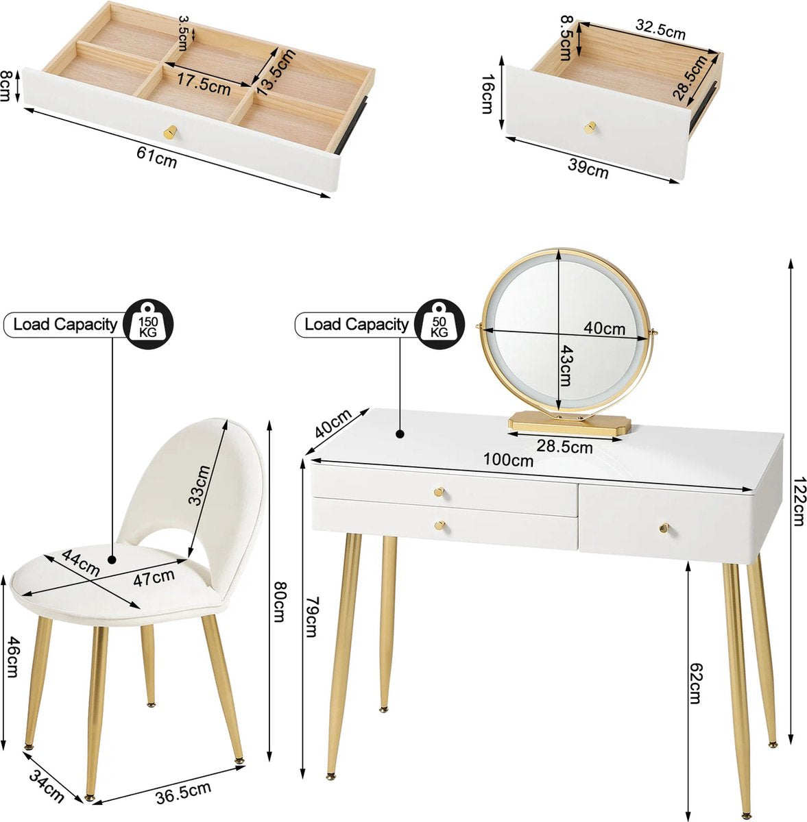 Make-up Tafel - Kaptafel - Dressoir - Luxe Kaptafel - Moderne look - Wit Roze Goud - Met krukje - Incl. Stoel - Incl. Spiegel