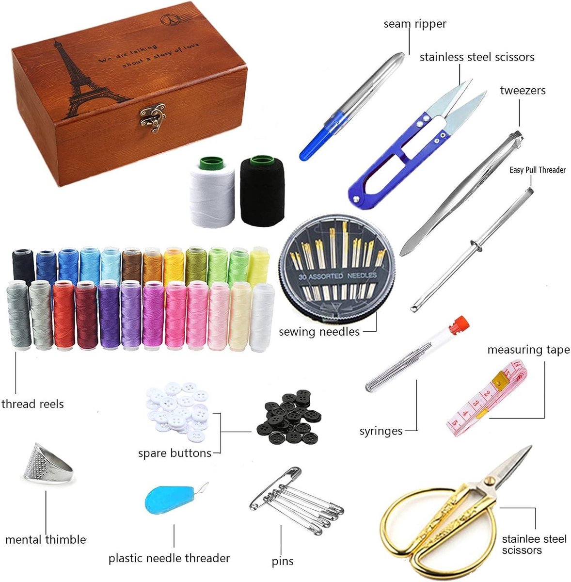 Sewing Box Wooden Portable Sewing Basket - Complete Sewing Supplies for Travel - Home Emergency Use - Universal Hand Home Sewing Repair Tool Kit - Adult Child Beginner Sewing Kit#3 Sewing Box