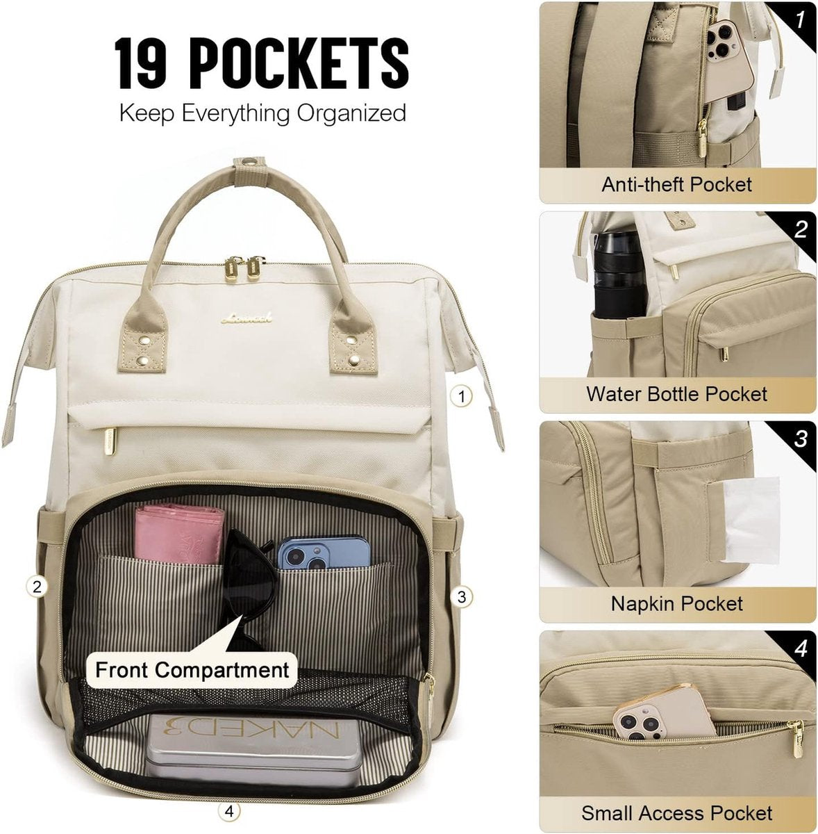 Laptop bag 17 inch - Beige - USB charging port - 43 × 15 × 32 - Waterproof backpack - Adult backpack