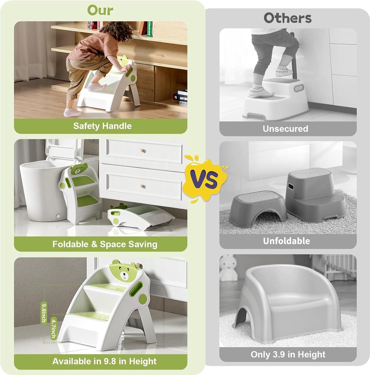 Children's Step Stool 2 Steps Baby Step Stool, Foldable Learning Tower from 6 Months, Two-Step Ladder for Bathroom, Toddler Room, Kitchen, Anti-Tilt and Non-Slip, Green