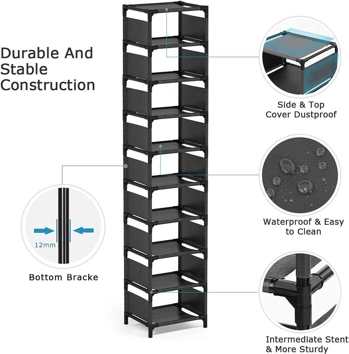 Space-saving shoe rack 10 layers - Organizer for 10 pairs of high shoes - Narrow shoe shelves for entryway closet - Stackable cubby storage