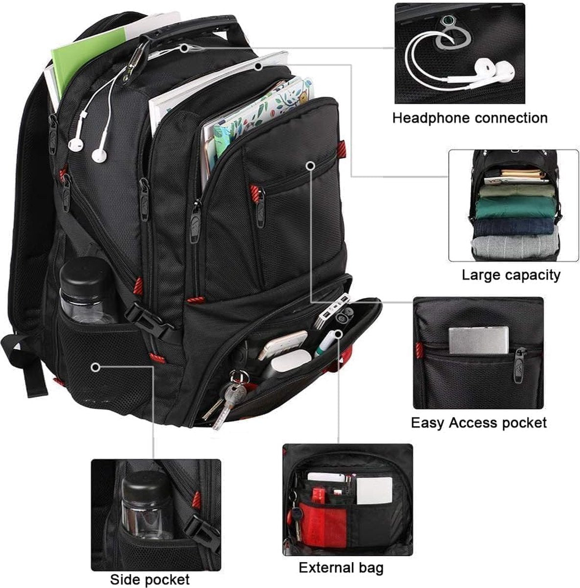 Grote laptoprugzak voor heren, 17 inch, 17,3 inch, waterdicht, laptoptas, reisrugzak, schoolrugzak, tienerjongens, anti-diefstal, business, zwart