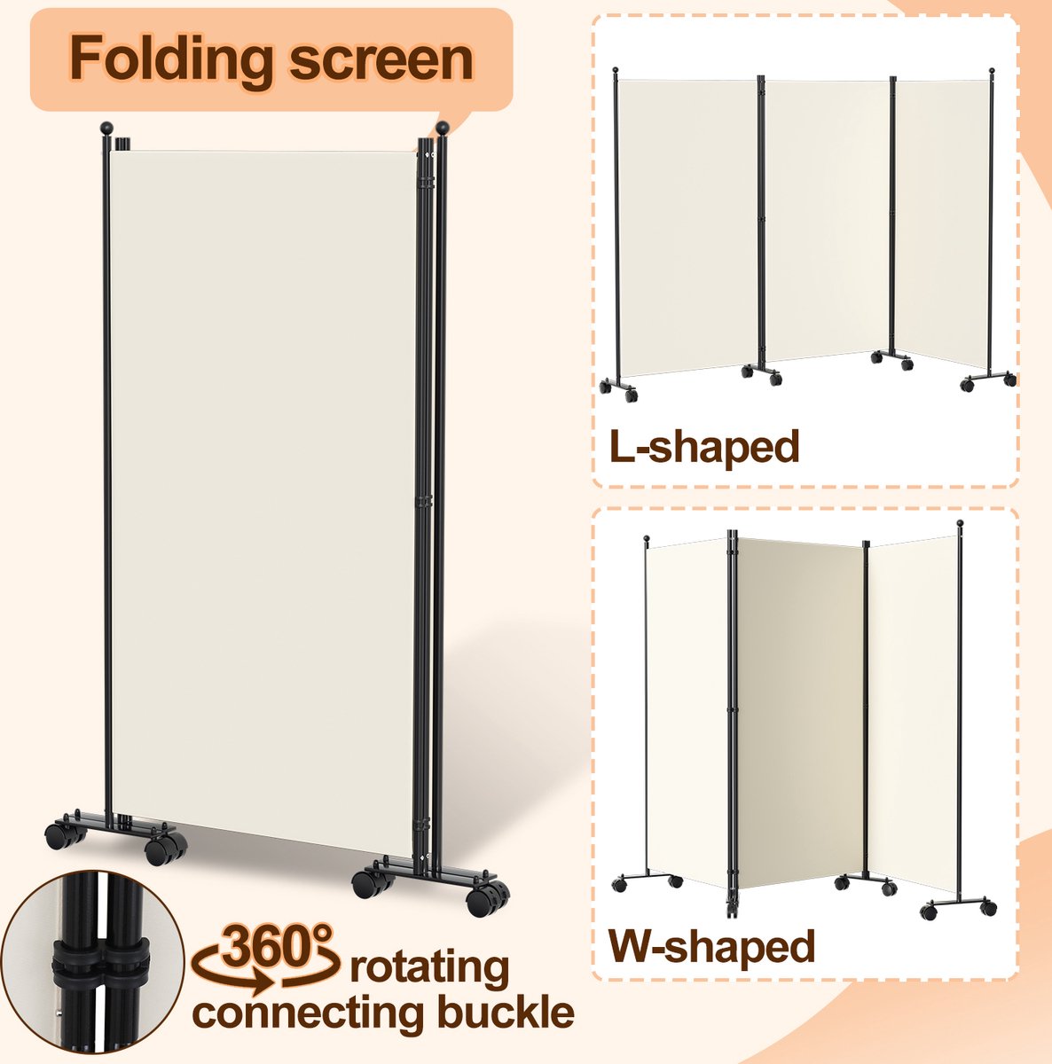 Room divider on wheels with 4 panels - 228 x 181 cm - Garden Room Divider Spanish Wall Partition Beige