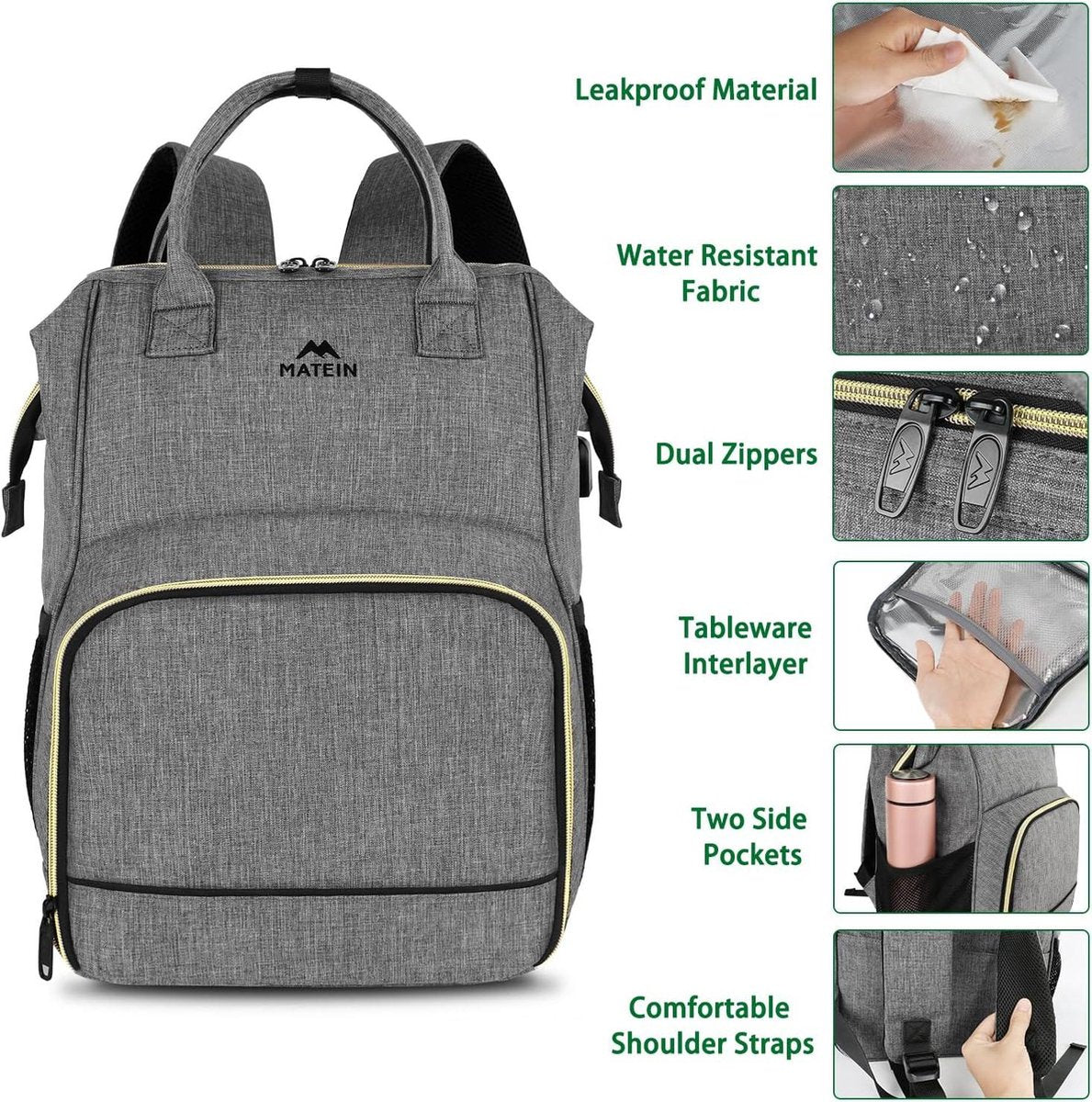 Laptop lunchrugzak voor dames 15,6 inch met geïsoleerd koelvak en USB-poort - Grijs, waterbestendige damesrugzak