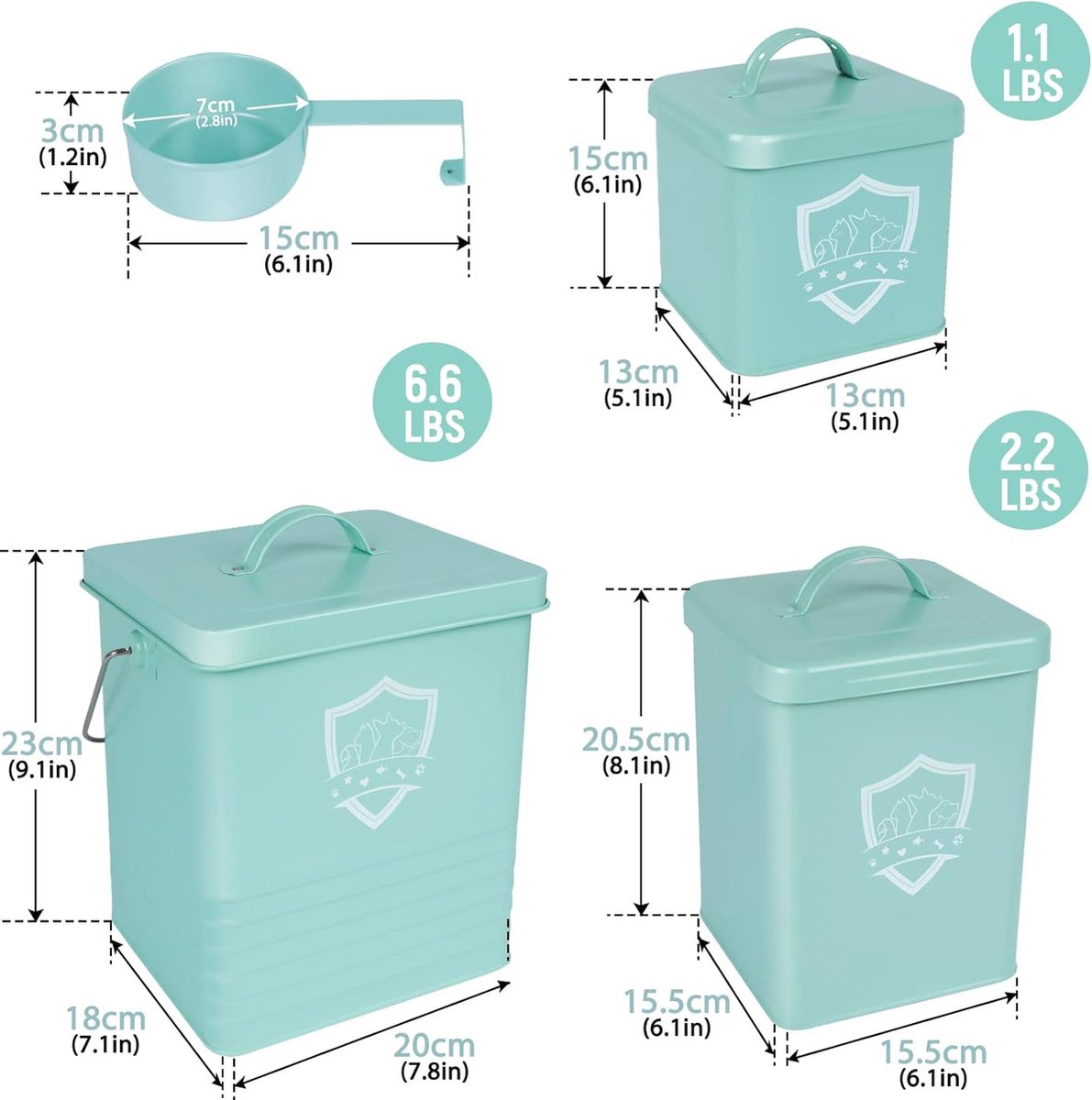 Hondenvoer opslagset van 3, luchtdichte containers met schep voor kattenvoer, voedselcontainer met deksel voor honden, droge voedselopslag, metalen hondenvoerdoos, groen.