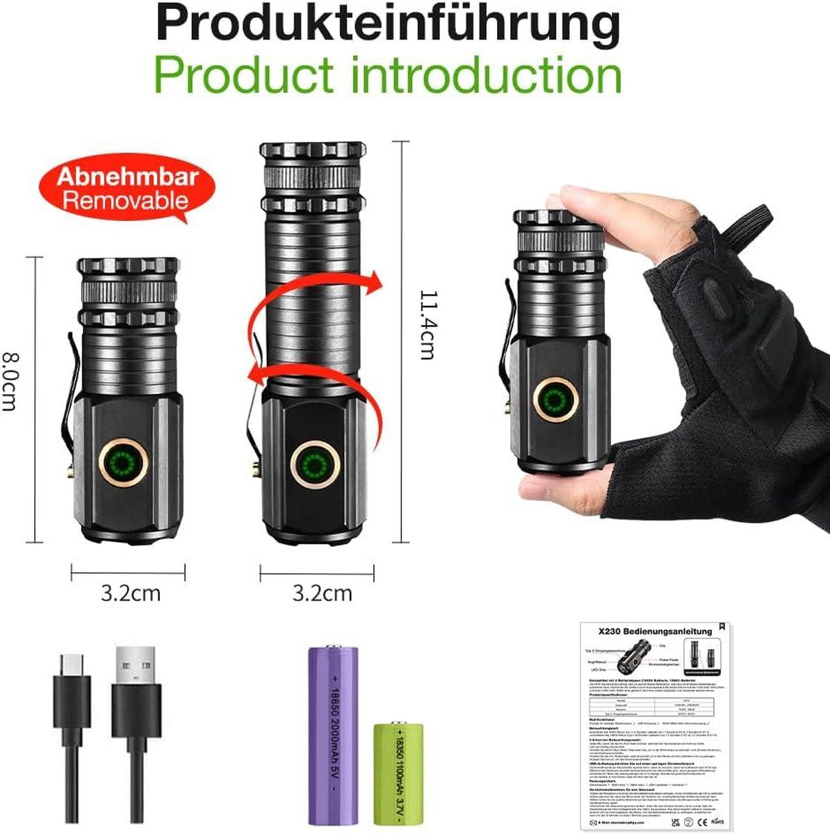 3 led oplaadbare mini-zaklamp 5000 lumen tactisch-verstelbare lengte-2 batterijen-5 lichtmodi-IPX6 waterdicht-kamperen-wandelen-vissen