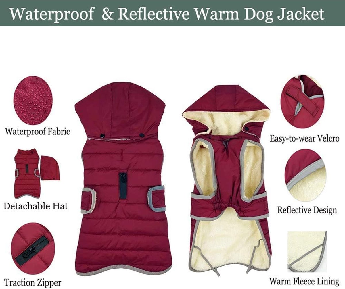 Etechydra Dog Coat, Reflective, Detachable Hood, Waterproof, Winter, Fleece, Warm Jacket, for Small, Medium, and Large Dogs, Red, M
