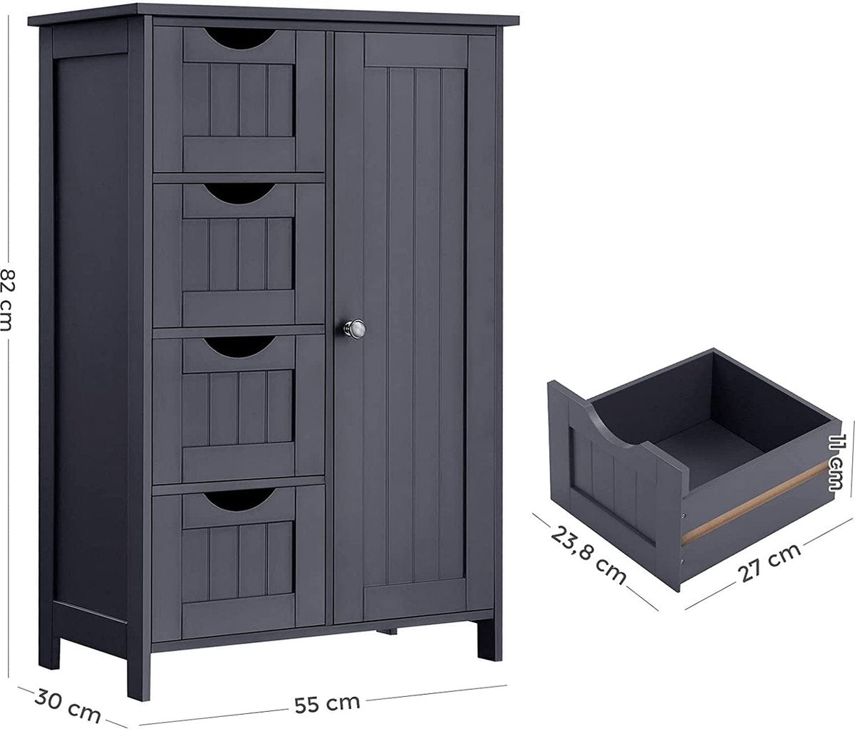 Dressoir badkamerkast, houten badkamerkast, commode met 4 lades, kastdeur, verstelbare plank, voor woonkamer, keuken, hal, diep, vrijstaand, grijs LHC41GY