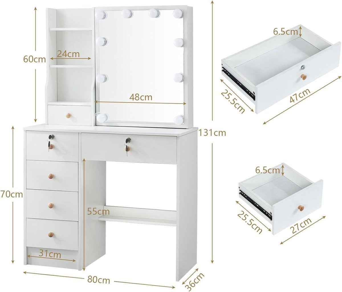 Make-uptafel met verlichting en kruk - verstelbare lichtkleur - kaptafel met 6 lades - opbergvakken voor slaapkamer - 80 x 36 x 130 cm make-uptafel