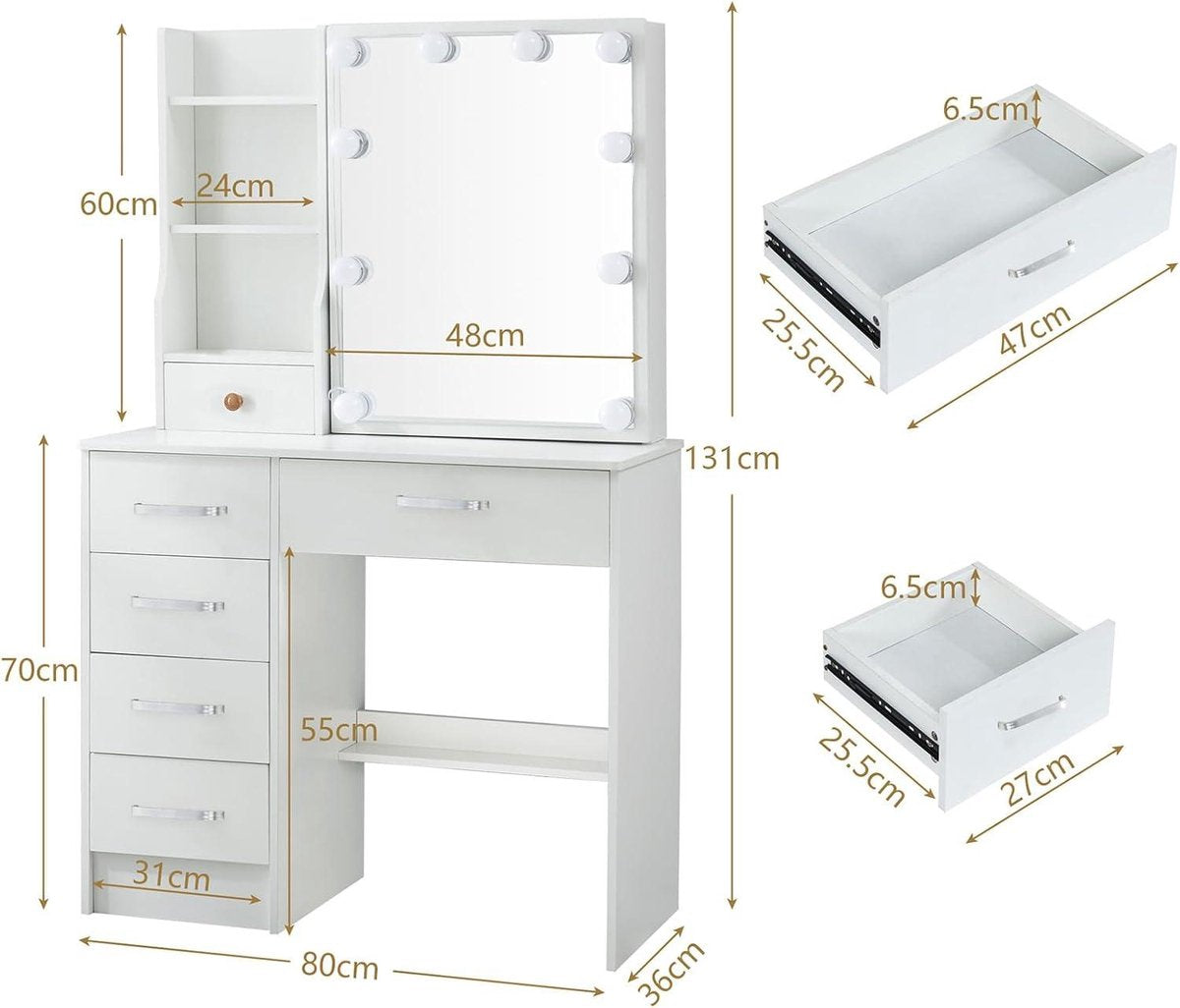 Make-up table with stool and mirror - Dressing table with lights and 3 colors - Adjustable brightness - 6 drawers vanity table