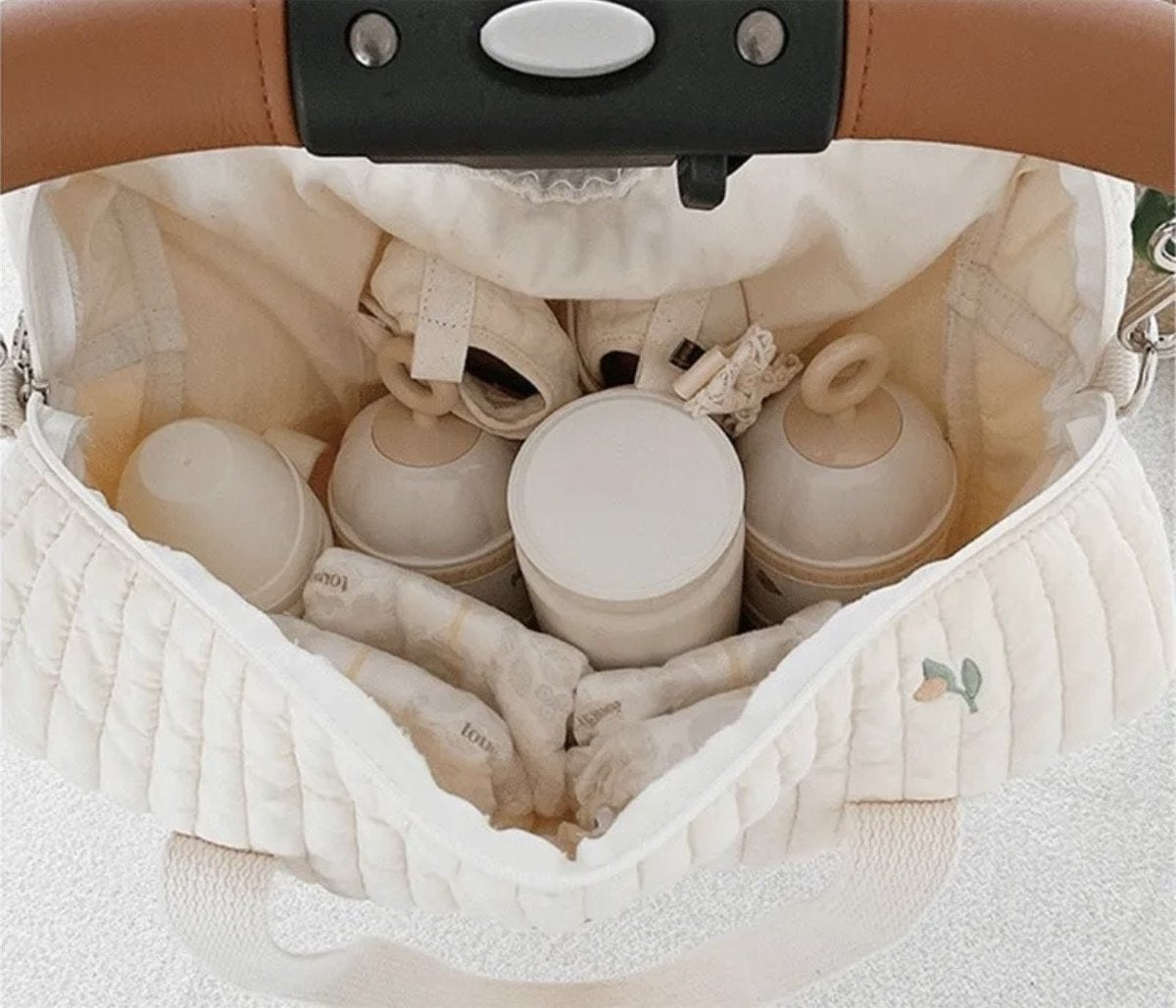 Luiertas - Mombag - Schoudertas - Verzorgingstas - Kraamcadeau - Groot - Bloemmotief - Tulp - Beige