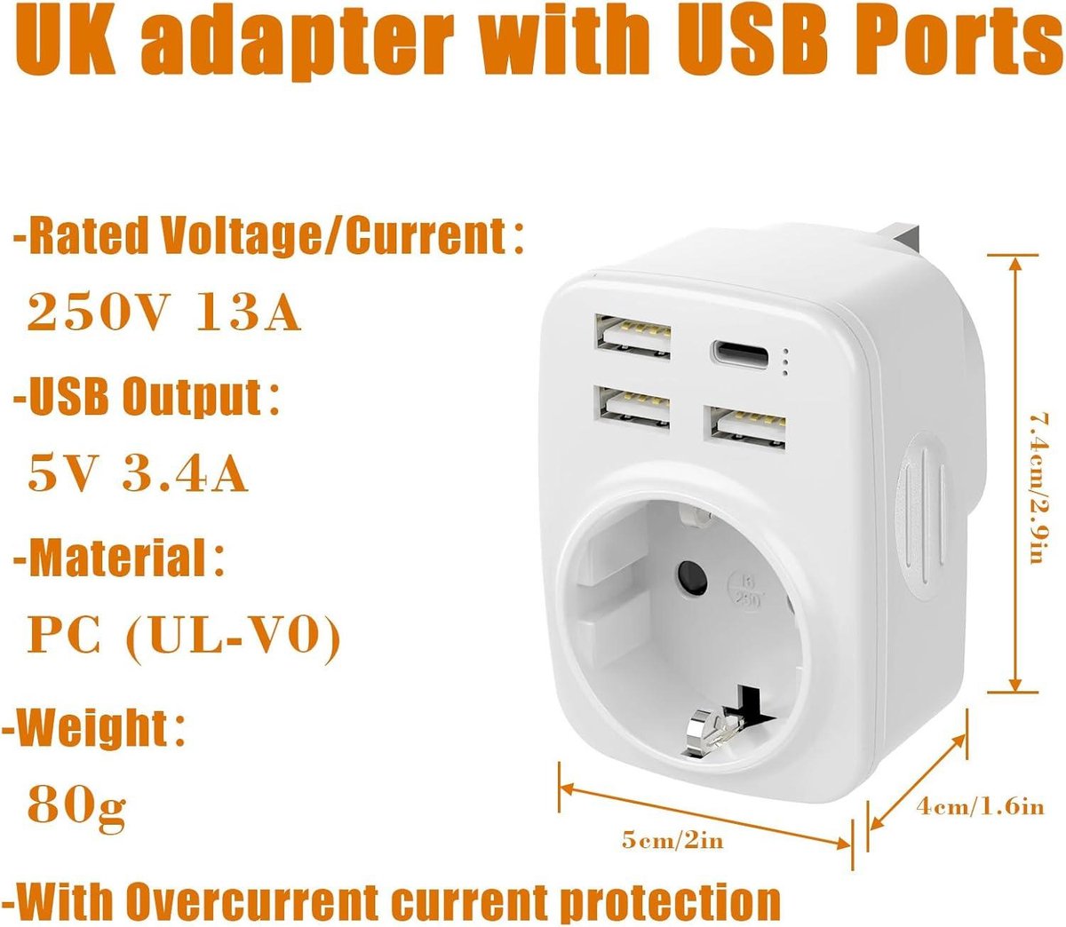 EU to UK plug adapter - England Germany socket - 3 USB-A and type C - 250 V/13 A 3250 W - type G - UK Ireland Singapore Hong Kong