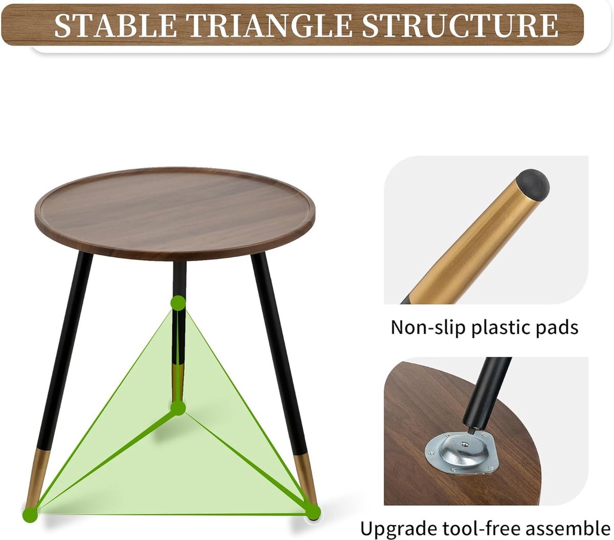 Bijzettafel Rond Hout: Moderne Bruine Walnoot Kleine Houten Bijzettafel voor de Woonkamer met 3 Metalen Poten, Kleine Buitenbank/Sofa Tafels voor Tuindecoratie, 45 cm.
