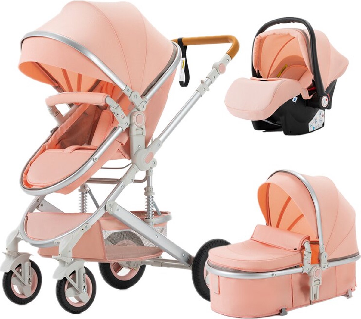 Luxe 3-in-1 Kinderwagen - Wandelwagen - Autostoel - Buggy - Inklapbaar - Roze - 0-36 Maanden