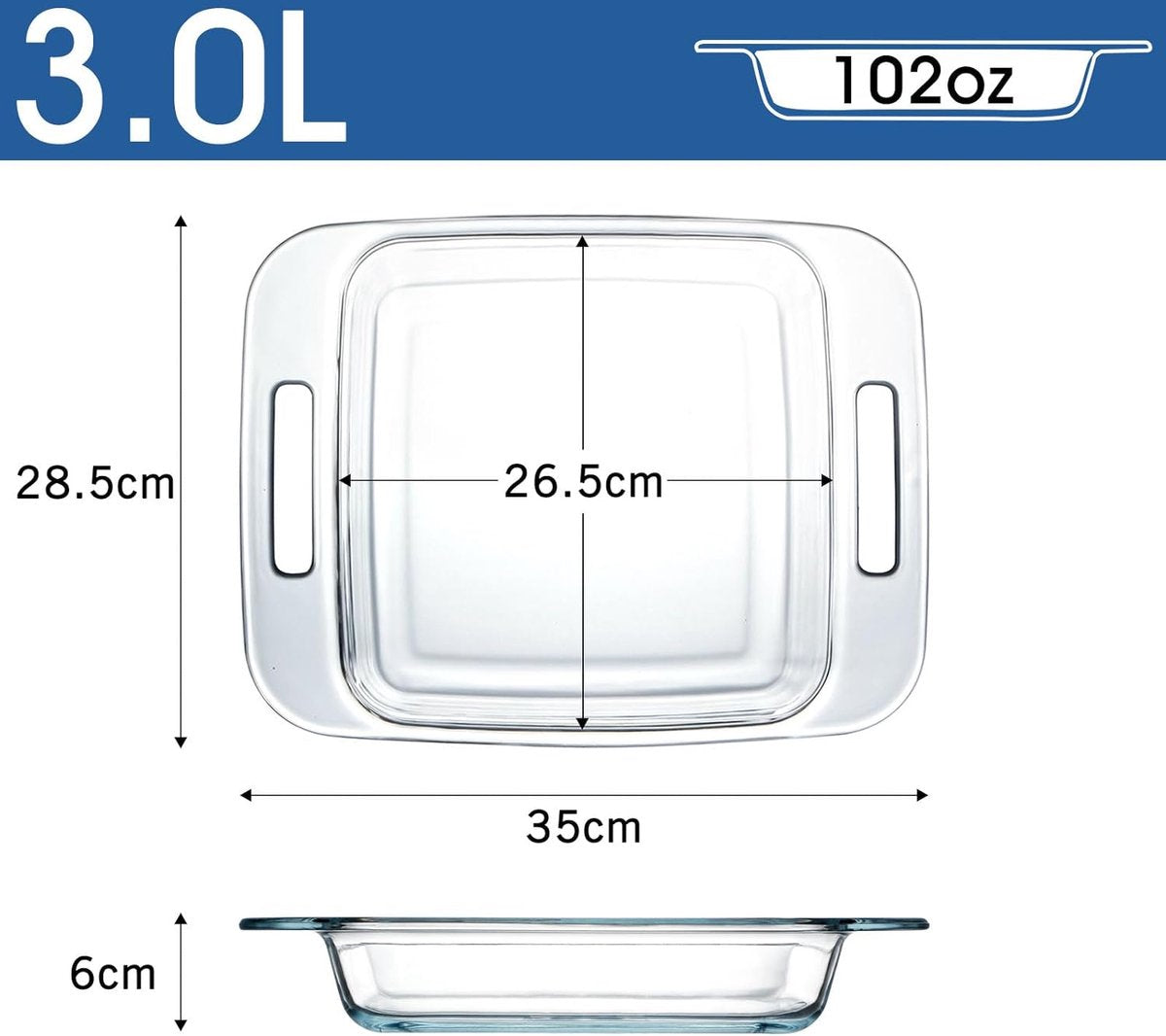 Glazen ovenschotel voor oven, ovenschaal groot, glazen ovenschaal lasagne, rechthoekige ovenschaal, lasagne, glazen vorm, braadpan, langwerpige ovenschaal (3,0 liter)