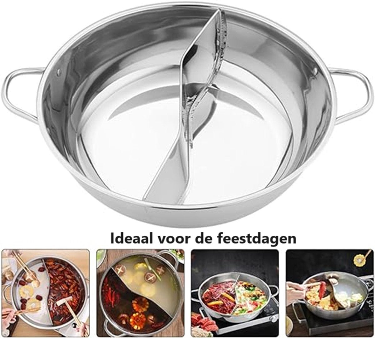 Roestvrijstalen Hot Pot - Hot Pot Pan - Authentieke Aziatische Fondue - Shabu Shabu - Gasfornuis - Inductiekookplaat - Zilver - 34CM