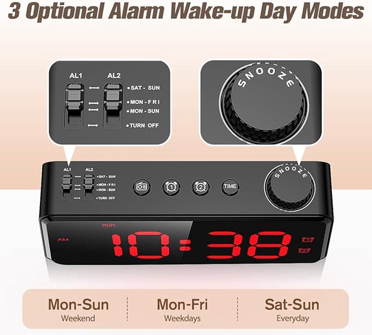 Digital alarm clock with radio, dimmable LED display, mains power with battery backup, dual alarm with weekday or weekend, USB charging station, easy-to-read red numbers for seniors